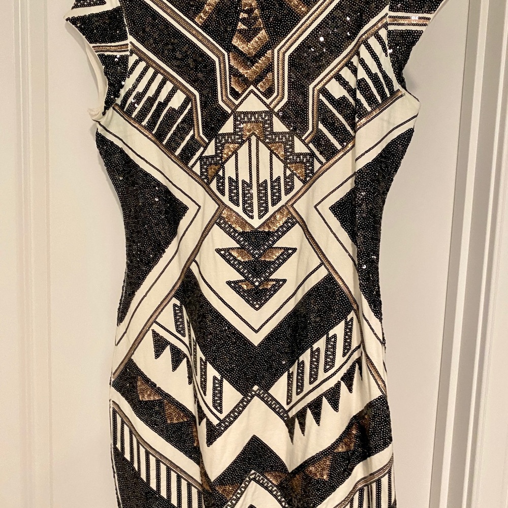 Express Black, Ivory & Gold Sequin Geometric Midi Dress